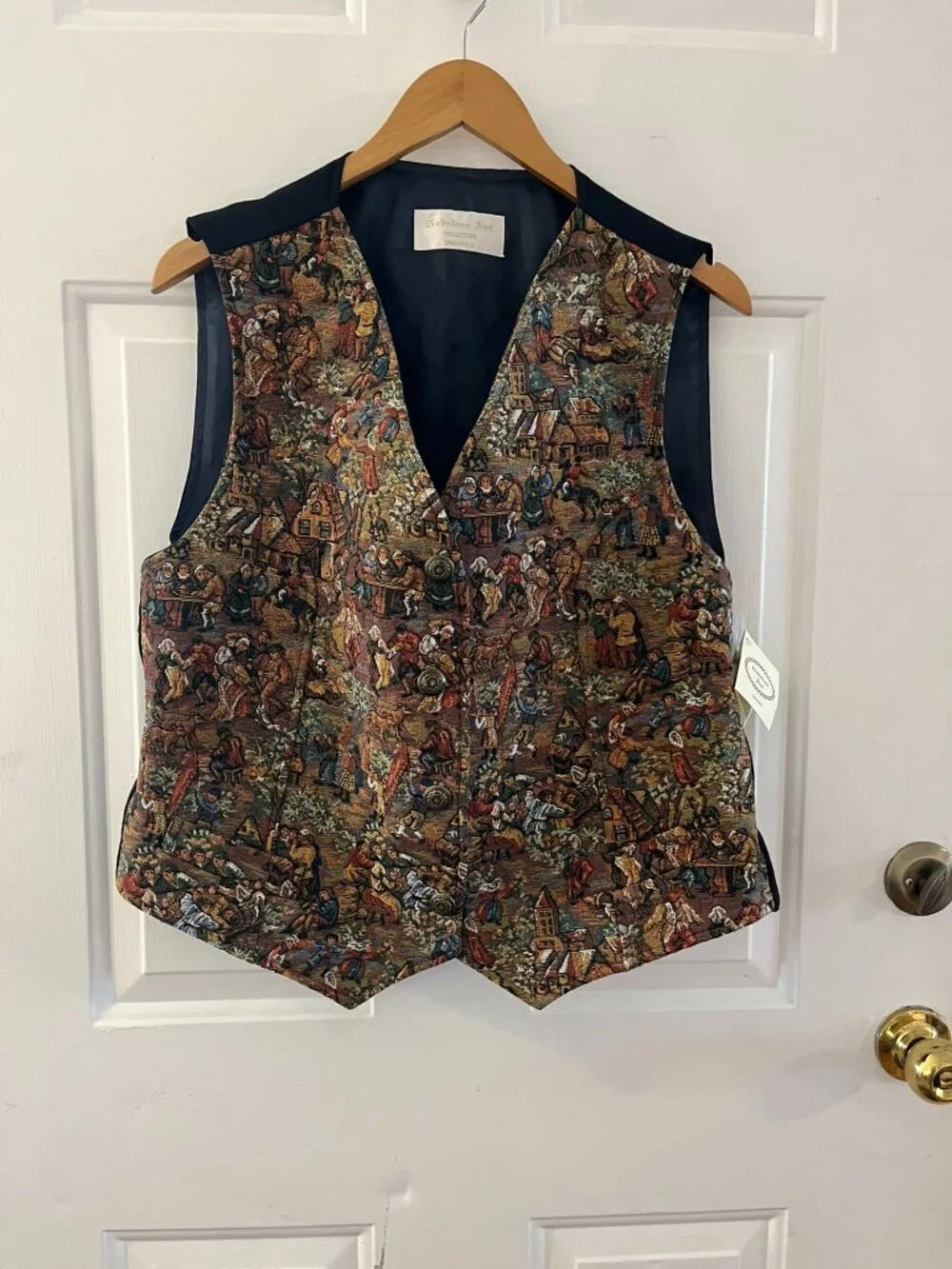 Gobelins Art Creations Medieval Tapestry Brussels Village Scene Vest Sz XXL